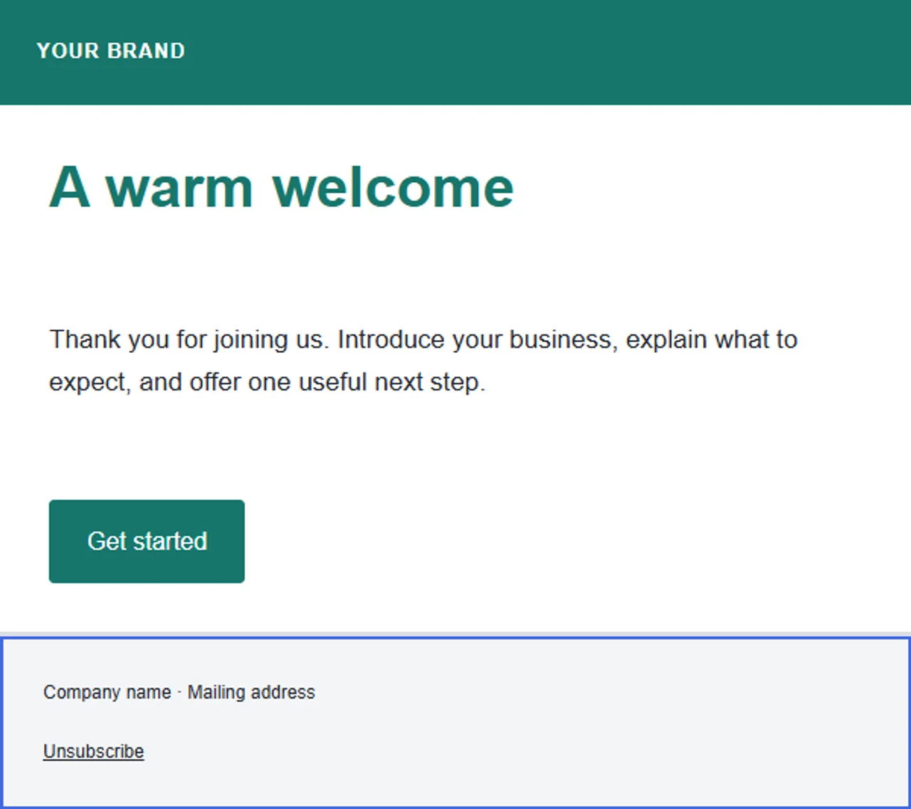 An editable welcome email design from Pexure Email Studio