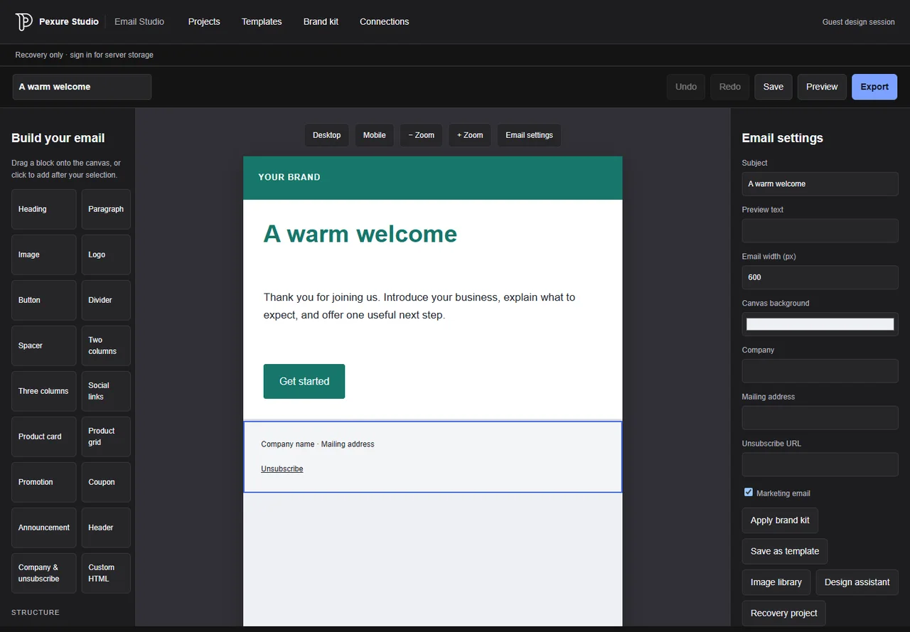 The actual Email Studio workspace with a welcome email, content blocks and design properties