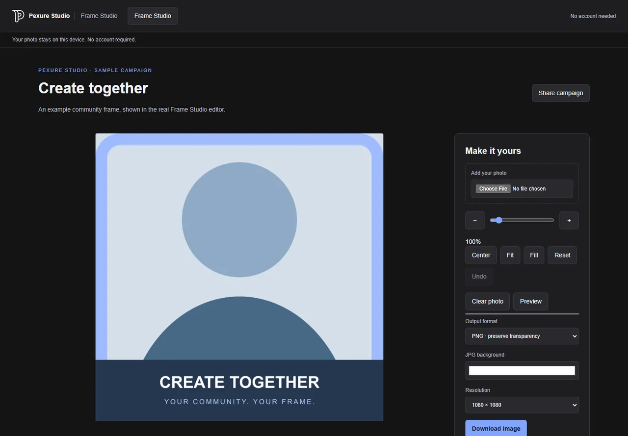 Frame Studio showing a sample community campaign with a photo behind a transparent frame
