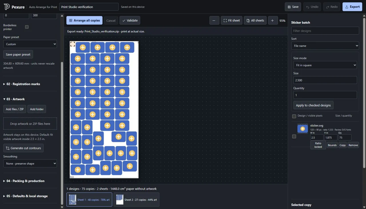 Auto Arrange for Print showing 75 sticker copies arranged across two print sheets with protected registration marks