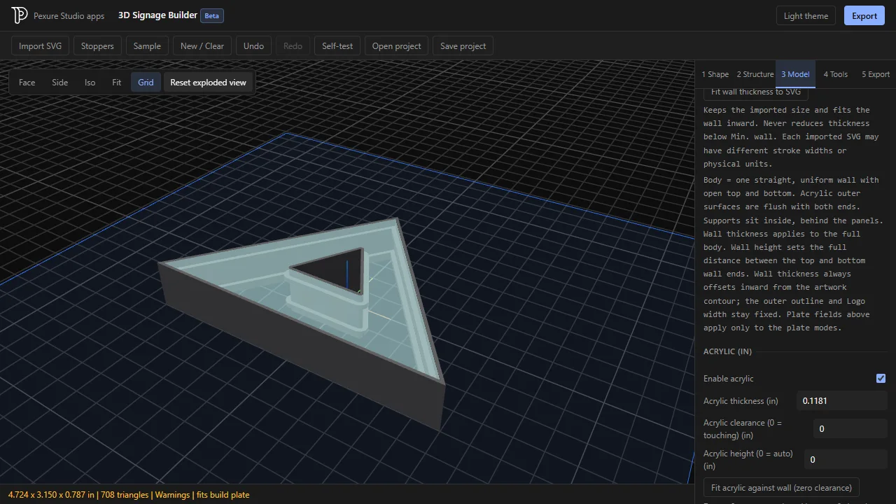 A channel-letter model with an acrylic face in the Pexure 3D Signage Builder
