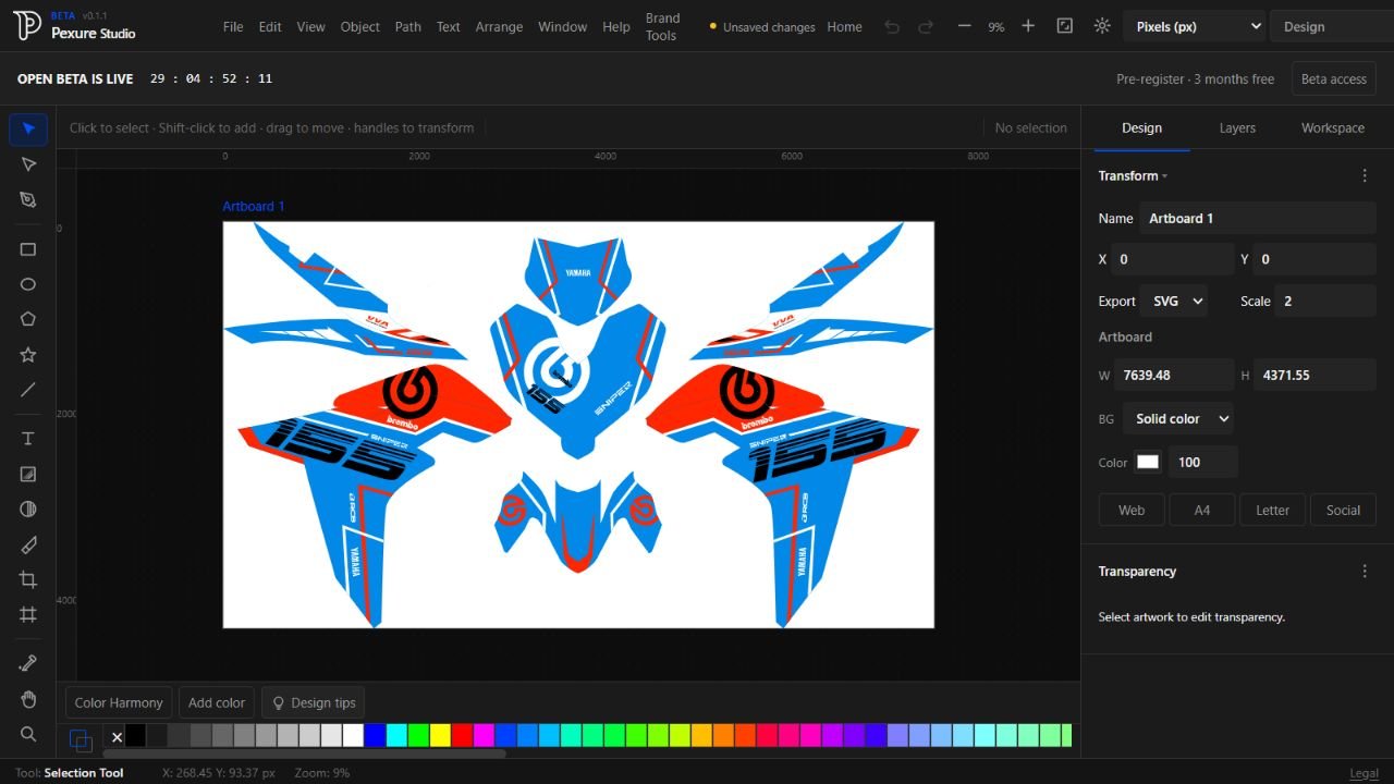 Pexure Studio editing detailed blue and red motorcycle graphics, with vector drawing tools, color palette and design inspector